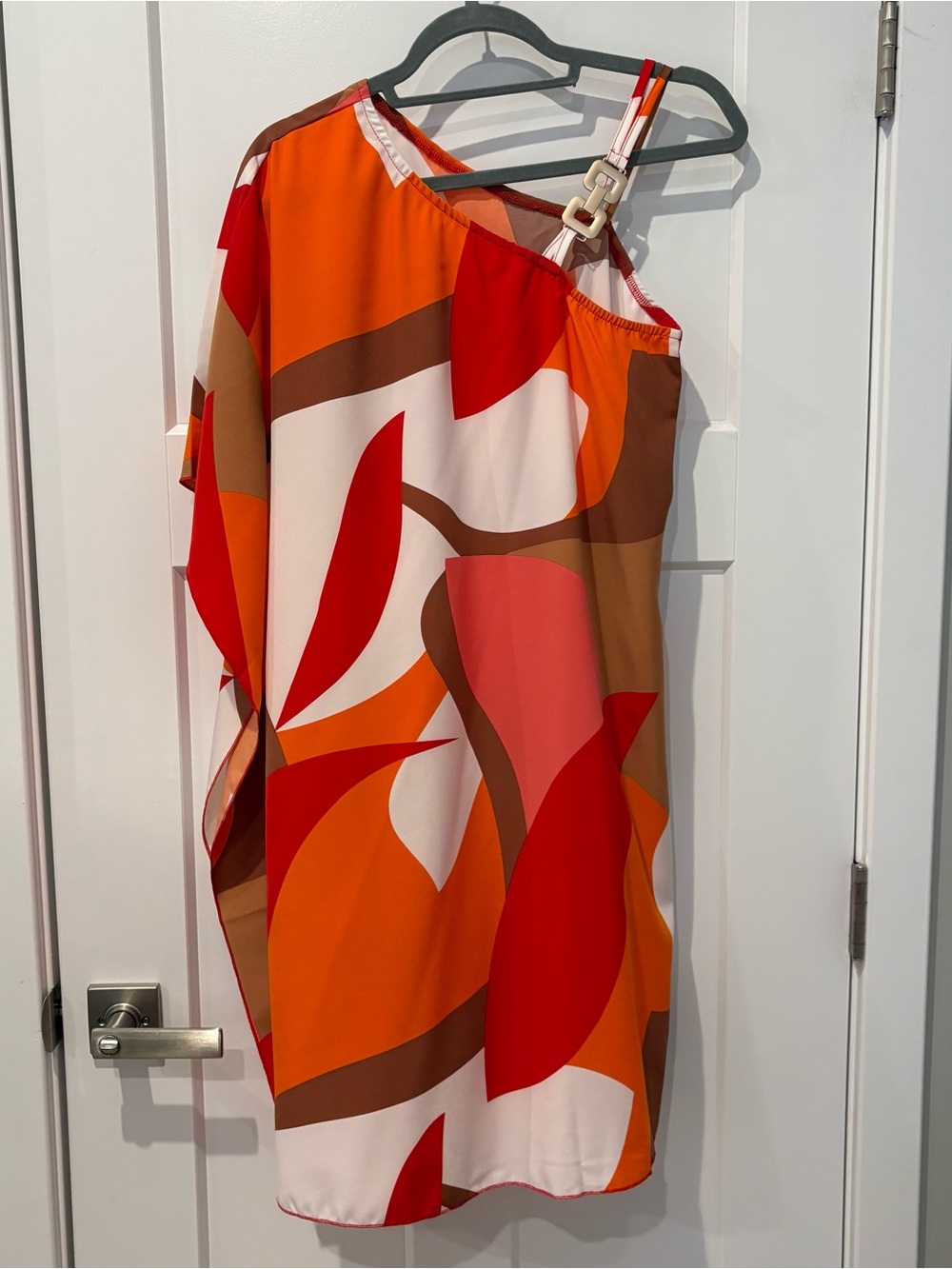 One-Shoulder Abstract Print Dress in Orange and Red